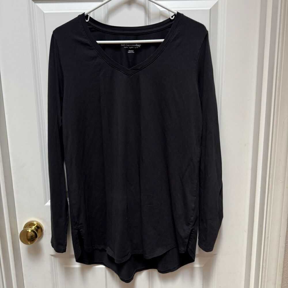 Soft Surroundings Women's Long Sleeve Isabel Pima Shirt Top Black Medium